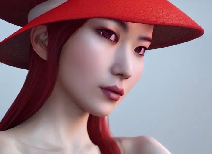 Image similar to stunning render portrait of a beautiful oriental woman with red hair wearing a hat, her eyes are green. 4 k unreal engine, daz, octane, zbrush, maya.