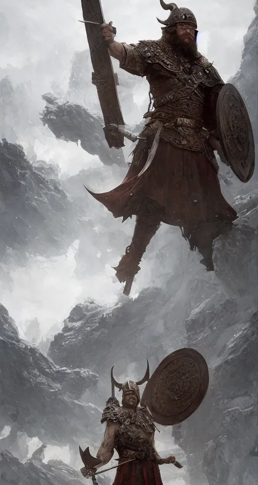 Image similar to the viking stands triumphantly as he enters the gates of valhalla. highly detailed, digital painting, artstation, smooth, sharp focus, illustration, masterpiece, art by ruan jia and jakub rebelka and artgerm and greg rutkowski and ralph mcquarrie