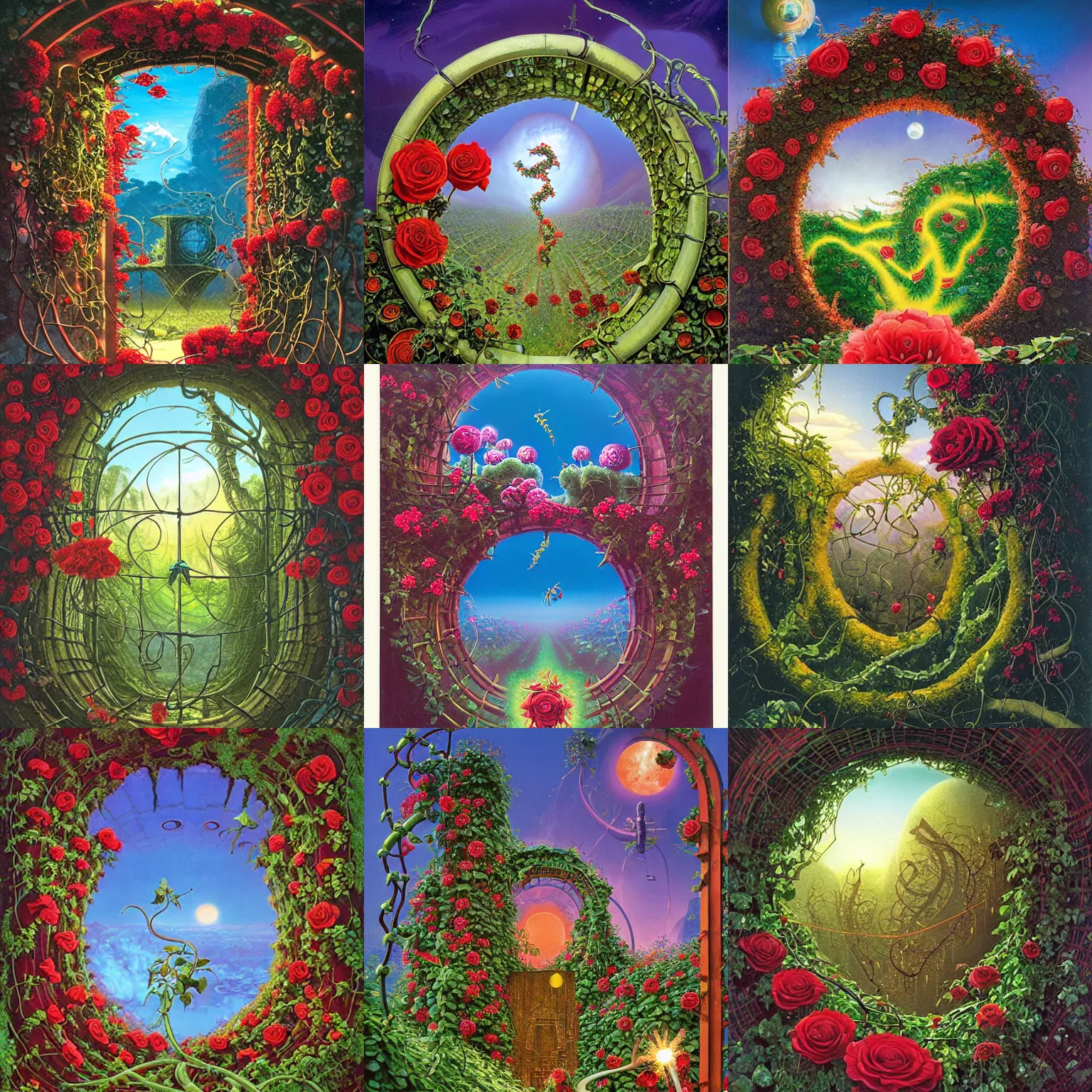 Prompt: a portal with vines and roses on the outside by kilian eng, chris foss, rodney matthews, robert mccall, jacek yerka and vladimir kush, oil on canvas