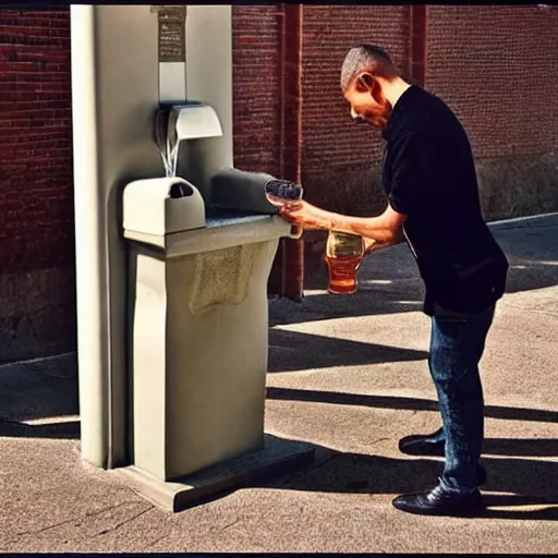 Prompt: “ a man drinking from a water fountain filled with urine. ”