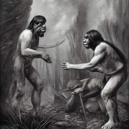 Image similar to historical picture war between homo sapien and neanderthal, artstaton, stable art detailed,