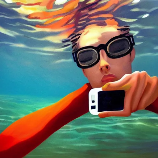 Prompt: painting of an underwater selfie from a brown haired male lifeguard. Kuvshinov ilya. Richard Brooks.