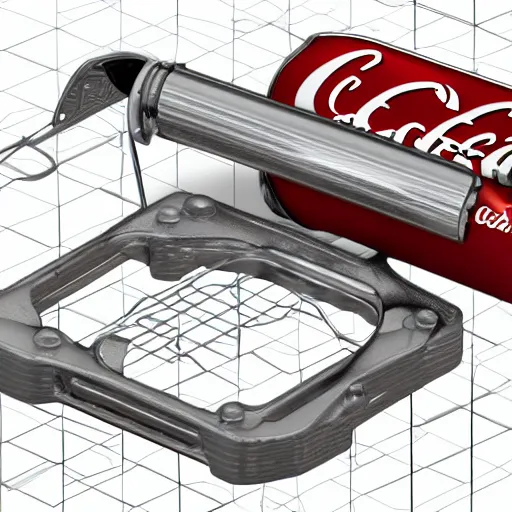 Prompt: CAD rendering of mechanical device to open a can of CocaCola