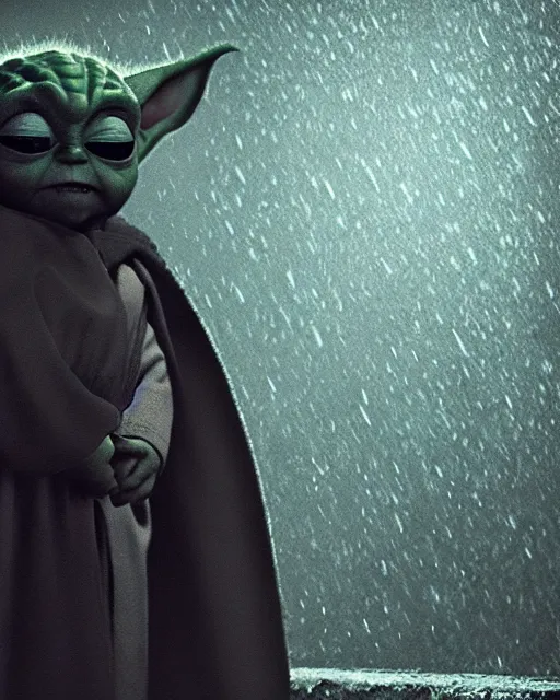 Prompt: epic closeup cinematic still of baby yoda wearing batman costume as batman in atmospheric rainy alleyway in the style of batman the dark knight rises, 8 k backlit, dramatic moonlight lighting, beautiful composition