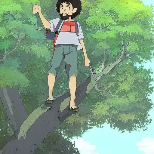 Image similar to gabriel boric over a tree made by studio ghibli, detail, high quality, detailed, beautiful scene, smooth