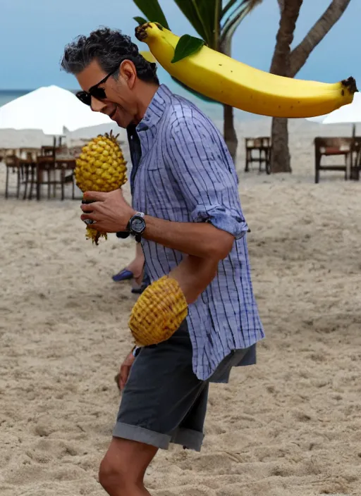 Prompt: jeff goldblum playing maraca pineapple as a banana on the beach