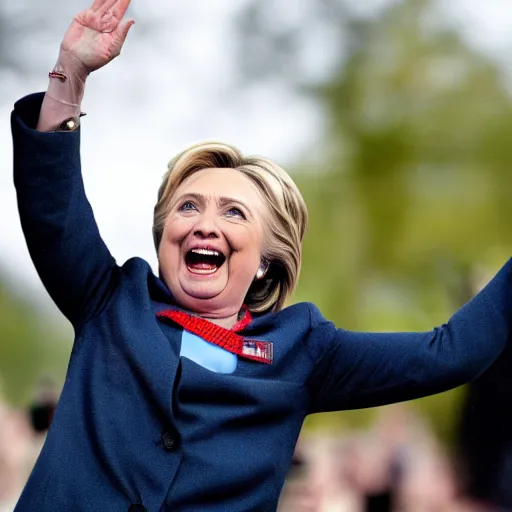 Prompt: hillary clinton running marathon screaming shouting hands in the air