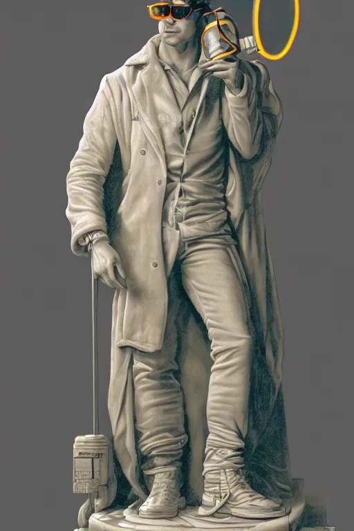 Prompt: a detailed full bodied marble sculpture of jensen ackles doctor who, holding a milkor mgl, wearing glowing neon shuttered 1 9 8 0 s glasses!!!!, aetherpunk, masterpiece, 8 k, art by greg rutkowski and albert bierstadt and arthur rackham and alphones mucha