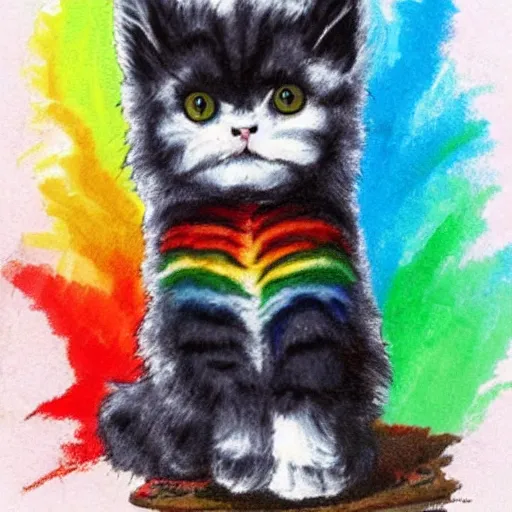 Image similar to wide angle full body, of a fluffy cute rainbow kitten wearing a black leather motorcycle jacket, concept art