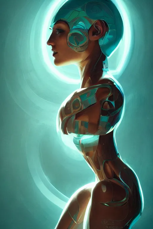 Image similar to full figure portrait, dynamic pose, of a thin elongated female android made of chrome and wood, lean sleek styling, feminine curves, reflective, inscribed etched with gnostic runes, lines of deeply inset glowing turquoise by jessica rossier