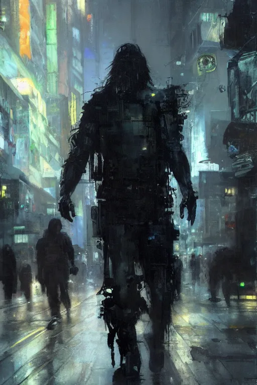 Image similar to full body portrait of Jesus as a cyborg walking through a crowded futuristic city street as the people part around him, by Jeremy Mann, stylized, detailed, realistic, loose brush strokes, dark tones, neon hue, intricate