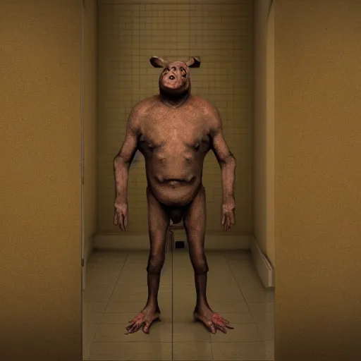 Prompt: pigman stands next to an ordinary person in the hall, photo in color, photo in 4 k