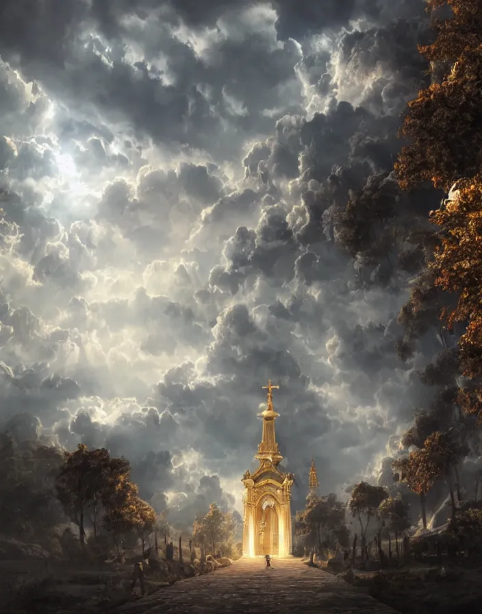 Image similar to Gates of heaven in the clouds, concept art, ultra realistic, super detailed, photorealistic, cinematographic, epic lighting, religious