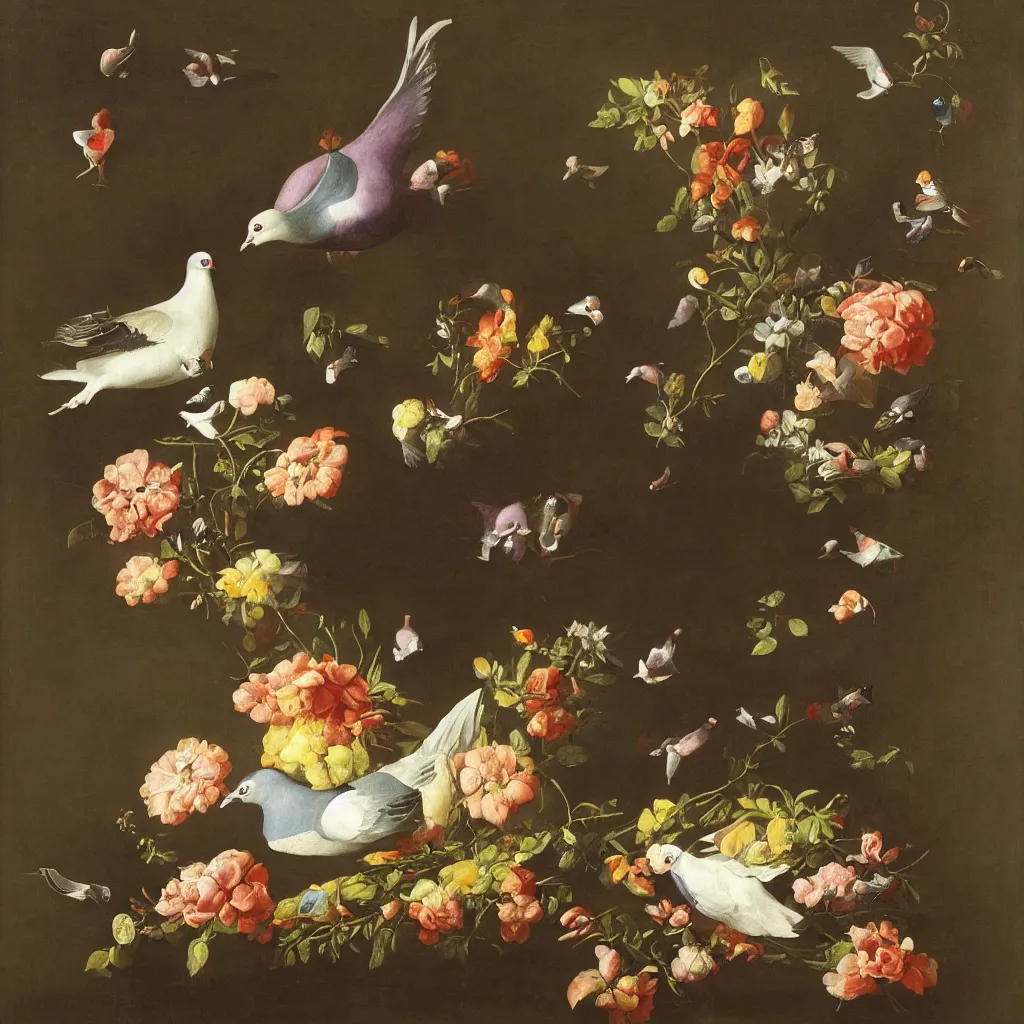 Prompt: pigeon in space by rachel ruysch, 1 6 9 5