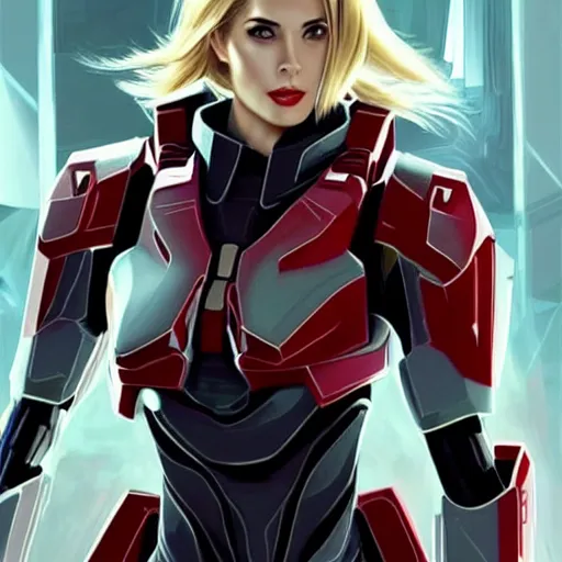 Image similar to A combination of Ashley Greene's and Ada Wong's and Grace Kelly's appearances with blonde hair wearing Forerunner armor from Halo, high tech, action shot, angular, full body portrait, futuristic, dramatic, fantasy, intricate, elegant, highly detailed, artstation, matte, sharp focus, 8K, art by Artgerm and Greg Rutkowski and Alphonse Mucha