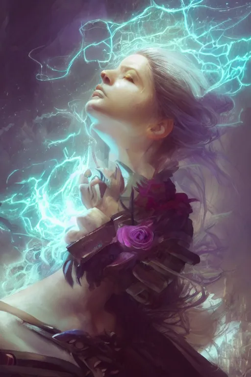 Prompt: beautiful girl necromancer, witch, storm clouds, thunder in hands, casting magic spell, angel, 3 d render, hyper realistic detailed portrait, holding electricity and flowers, ruan jia, wlop. scifi, fantasy, magic the gathering, hyper detailed, octane render, concept art, peter mohrbacher