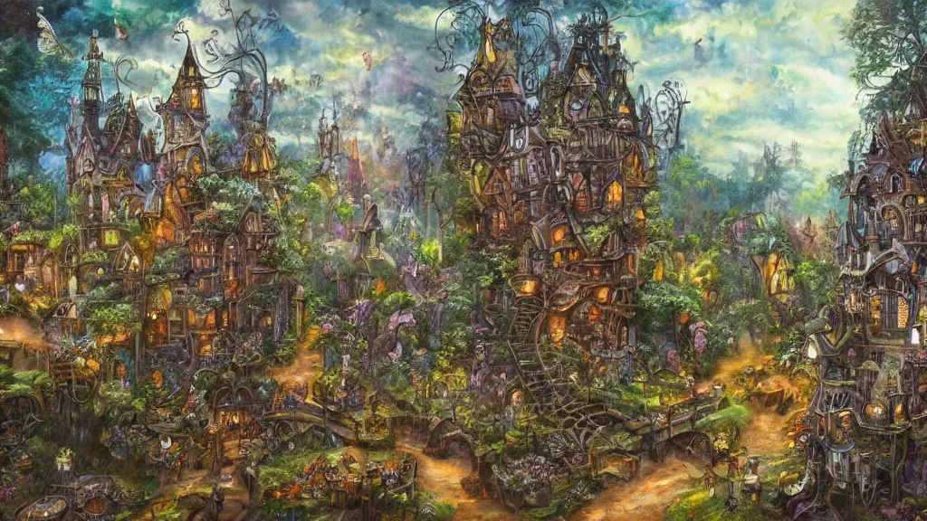 Prompt: A steampunk fairy village in the trees, highly detailed oil painting, epic fantasy art, abstraction, masterpiece, 8k