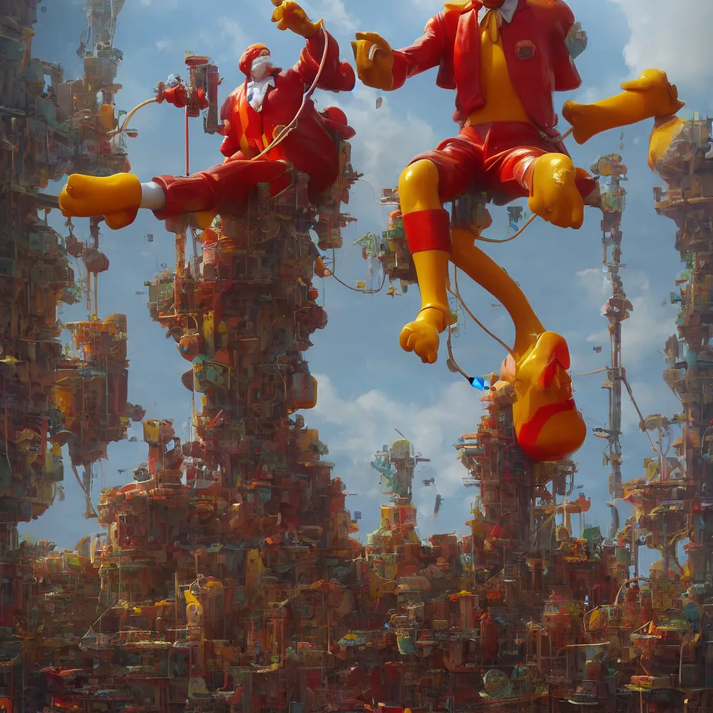 Image similar to ronald mcdonald statue in the world by beeple, darek zabrocki, tyler edlin, jordan grimmer, neil blevins, james paick, natasha tan, highly detailed, ultra detailed, ultra realistic, trending on artstation