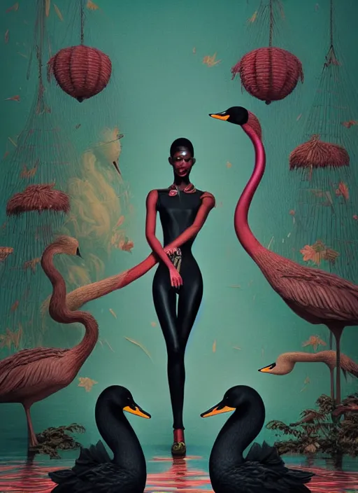 Prompt: pretty black model with swans : by martine johanna and simon stalenhag and chie yoshii and casey weldon and wlop : : ornate, dynamic, particulate, rich colors, intricate, elegant, highly detailed, vogue, harper's bazaar art, fashion magazine, smooth, sharp focus, 8 k, octane render,