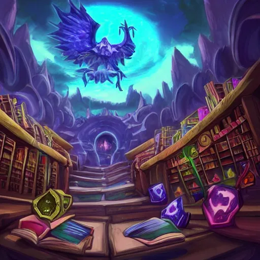 Prompt: magic library,hearthstone art coloring style, epic fantasy style art, fantasy epic digital art