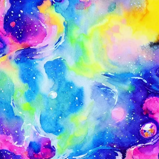 Prompt: party at my place in space. watercolor. vibrant. amazing painting. beautiful. high resolution. highly realistic. cool tones. close - up.