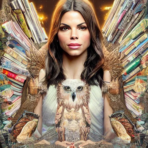 Image similar to a portrait jenna dewan as the goddess minerva surrounded by stacks of books, and owls, bioluminescent gown with deep level of detail of esoteric symbols, urban motifs, intricate, elegant, highly detailed, digital painting, trending on artstation, concept art, smooth sharp focus, illustration, art by artgerm and greg rutkowski