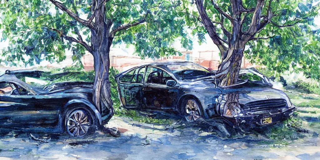 Prompt: painting of a tree fused with a car