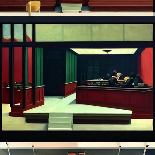 Image similar to a modern dining room design in the style of the nighthawks by edward hopper using unreal engine trending on artstation