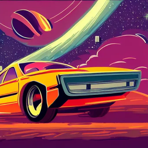 Image similar to retro - futurism, car in space