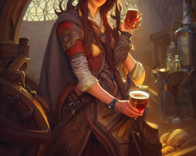 Prompt: bard in a brewery wearing informal clothing, deep focus, d & d, fantasy, intricate, elegant, highly detailed, digital painting, artstation, concept art, matte, sharp focus, illustration, hearthstone, art by artgerm and greg rutkowski and alphonse mucha