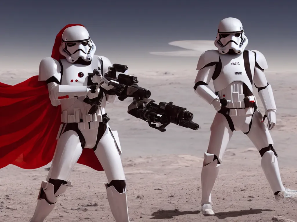 Image similar to gigachad space trooper in glossy sleek white armor with small red details, no helmet, red cape, heroic posture, firing laser rifle, muscular, athletic, on the surface of mars, explosions in the background, nighttime, dramatic lighting, cinematic, movie still from star wars