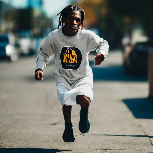 Image similar to portrait of midget a $ ap rocky running down a sidewalk, sharp focus, 4 k professional photograph, soft lighting