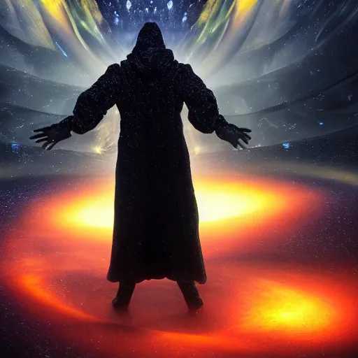 Image similar to award - winning. trending on artstation. 4 k. eerie tone. a figure wearing a layered yellow coat standing in front of a fractal representation of a glowing black hole in space. dark background. full - body. medieval. 4 k.