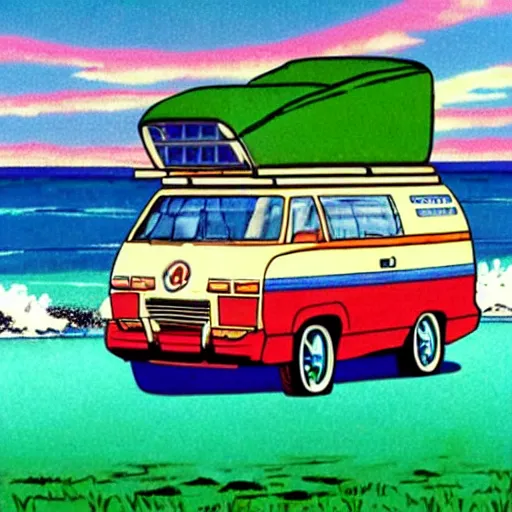 Image similar to campervan near the ocean, 80's anime style