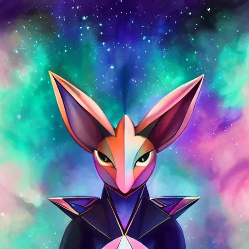 Prompt: geometric symmetrical sylveon with galaxy eyes in space, nebula in the background, intricate, elegant, highly detailed, digital painting, artstation, concept art, smooth, sharp focus, illustration, art by artgerm