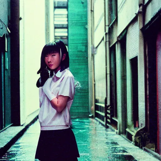 Image similar to 1990s perfect 8K HD professional cinematic photo of close-up japanese schoolgirl posing in sci-fi dystopian alleyway at morning during rain, at instagram, Behance, Adobe Lightroom, with instagram filters, depth of field, taken with polaroid kodak portra