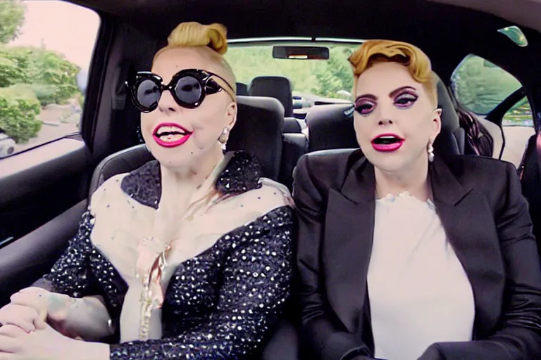 Image similar to carpool karaoke screenshot of lady gaga and judy garland, highly realistic, highly detailed, high resolution, 8 k 4 k,