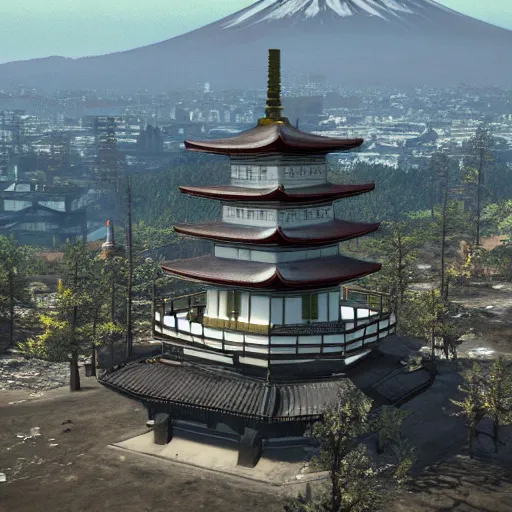 Prompt: chureito pagoda at mount fuji in ruins post - nuclear war in fallout 4, in game screenshot