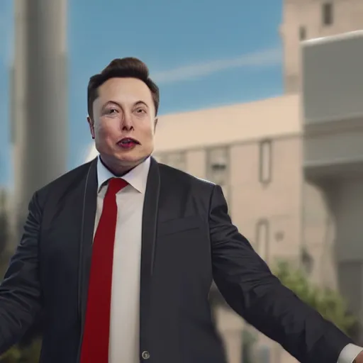 Image similar to Elon musk with donald trump body, realistic artstyle, wide shot, dramatic lighting, octane render, hyperrealistic, high quality, highly detailed, HD, beautiful, cinematic, 8k, unreal engine, facial accuracy, symmetrical