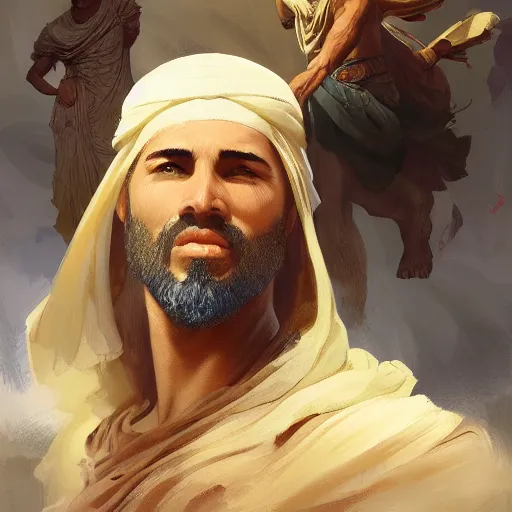 Image similar to A beautiful digital painting of a 30 year old man with middle eastern skin and Biblical clothing, by Stanley Artgerm Lau, frank frazetta, Rossdraws, James Jean, gerald brom, Andrei Riabovitchev, Marc Simonetti, and Sakimichan, trending on artstation, SFW version