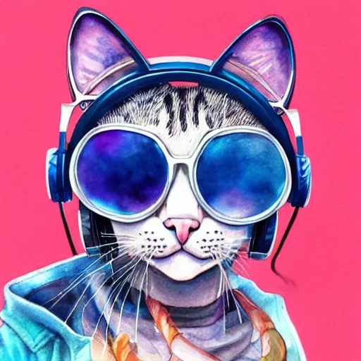 Image similar to beautiful detailed watercolor artwork of an anthropomorphic female cat wearing rgb gamer headset, super detailed, portrait, trending on artstation, deviantart, pixiv, made by jay naylor, dan mumford