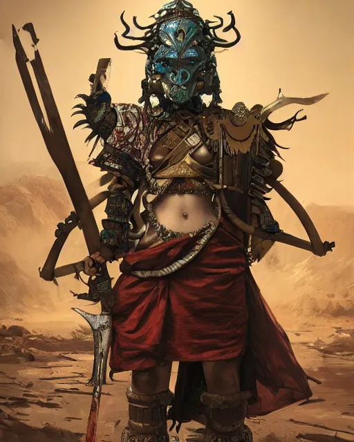 Image similar to hyper realistic photo of postapocalyptic tibetan monk cyborg girl with indonesian demon mask, sword and shield, full body, cinematic, artstation, cgsociety, greg rutkowski, james gurney, mignola, craig mullins, brom