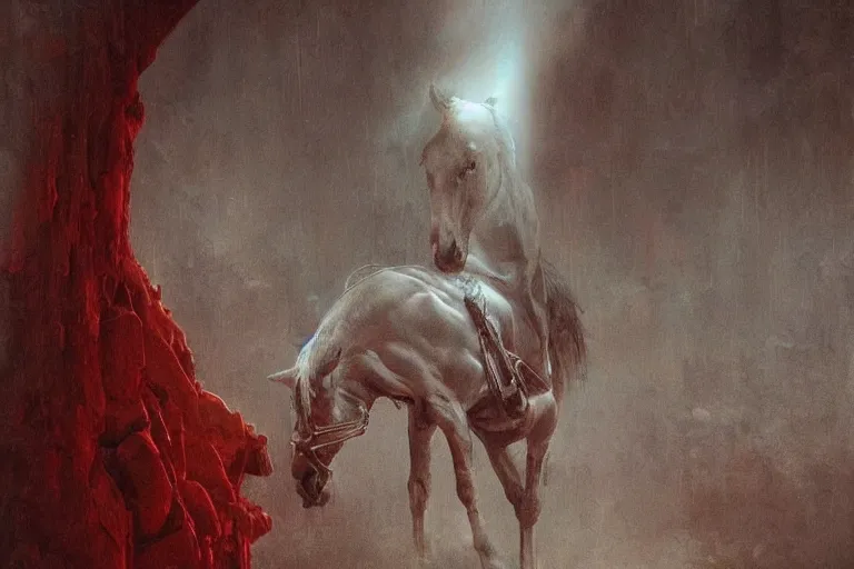 Image similar to a white cyberpunk horses with human heads, in the style of beksinski, intricate and epic composition, red by caravaggio, insanely quality, highly detailed, masterpiece, red light, artstation, 4 k