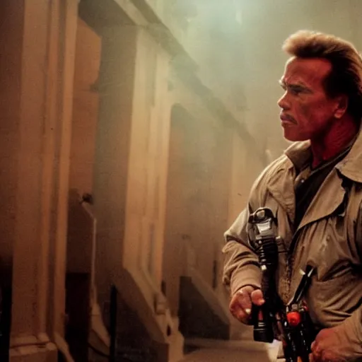 Prompt: stunning awe inspiring arnold schwarzenegger as a ghostbuster, movie still 8 k hdr atmospheric lighting