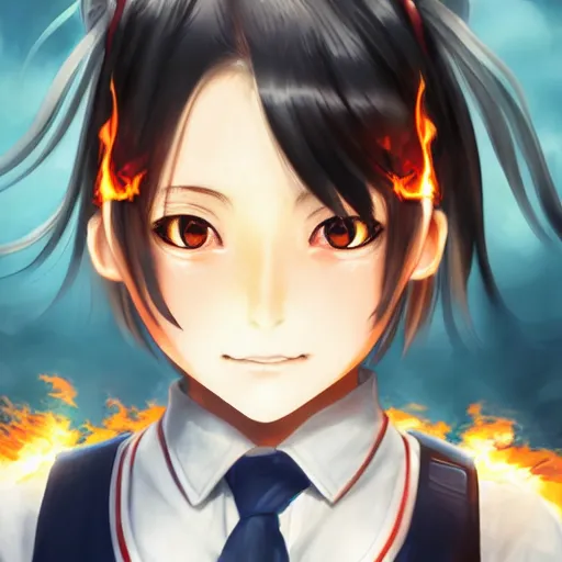 Image similar to Portrait of a Japanese schoolgirl with short hair in uniform causing flames in a moment of rage, ultra detailed, armor, artstation, 8k, photorealistic, digital anime art.