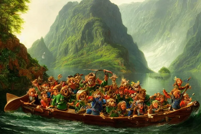 Image similar to a group of green goblins riding on a raft in a norwegian fjord by justin gerard by thomas cole