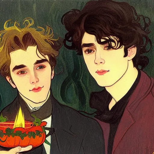 Image similar to painting of young cute handsome beautiful dark medium wavy hair man in his 2 0 s named shadow taehyung and cute handsome beautiful min - jun together at the halloween! party, bubbling cauldron!, candles!, smoke, autumn! colors, elegant, wearing suits!, clothes!, delicate facial features, art by alphonse mucha, vincent van gogh, egon schiele