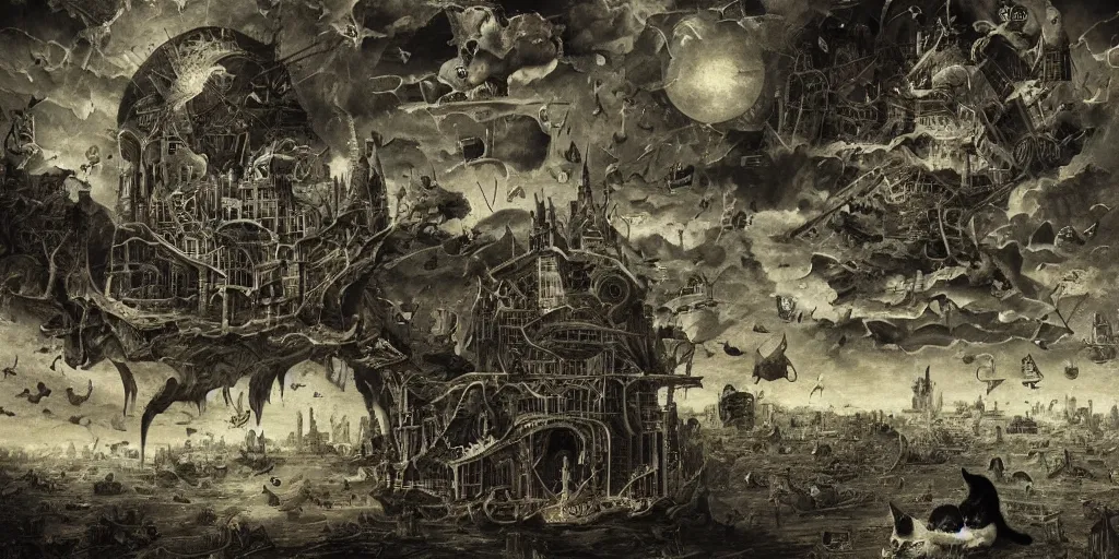 Image similar to beautiful ominous megastructure made by cats in the sky in the style of heironymus bosch, intricate masterpiece, hyper detailed, hd