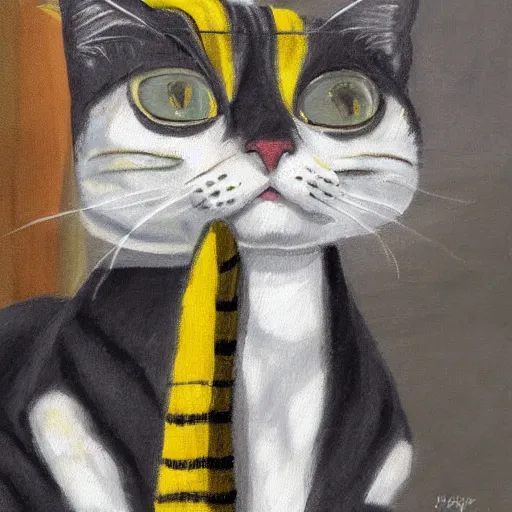 Image similar to oil painting extreme wide shot of a white and grey tabby cat wearing a black yellow striped hufflepuff scarf, in the gloucester cathedral cloisters, digital painting, high detail, award - winning, playful