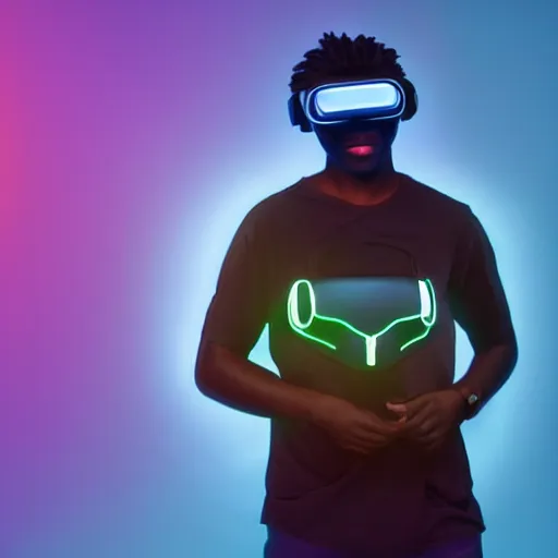 Image similar to dark skinned man wearing futuristic vr headset neon lights ambient light unity game ultra - realistic